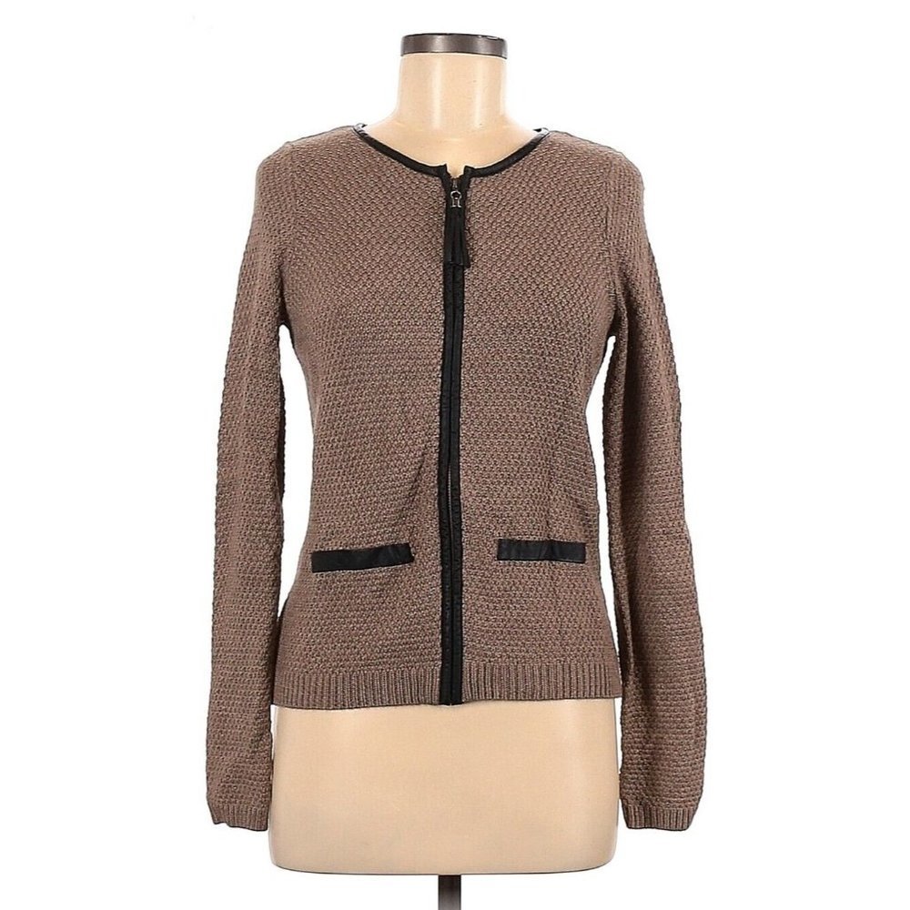 Tahari Merino Wool Blend Cardigan Sweater Brown Zip Front Faux Leather Trim Sz M